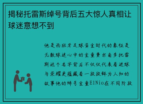 揭秘托雷斯绰号背后五大惊人真相让球迷意想不到