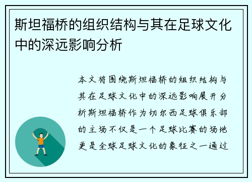 斯坦福桥的组织结构与其在足球文化中的深远影响分析 斯坦福桥的组织结构与其在足球文化中的深远影响分析