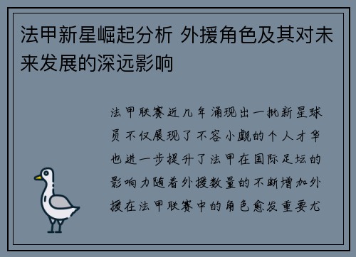 法甲新星崛起分析 外援角色及其对未来发展的深远影响