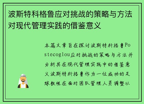 波斯特科格鲁应对挑战的策略与方法对现代管理实践的借鉴意义 波斯特科格鲁应对挑战的策略与方法对现代管理实践的借鉴意义
